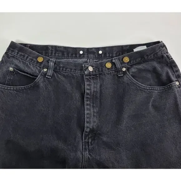 Wrangler relaxed fit mens 40x30 black faded jeans Suspender buttons - Picture 2 of 8